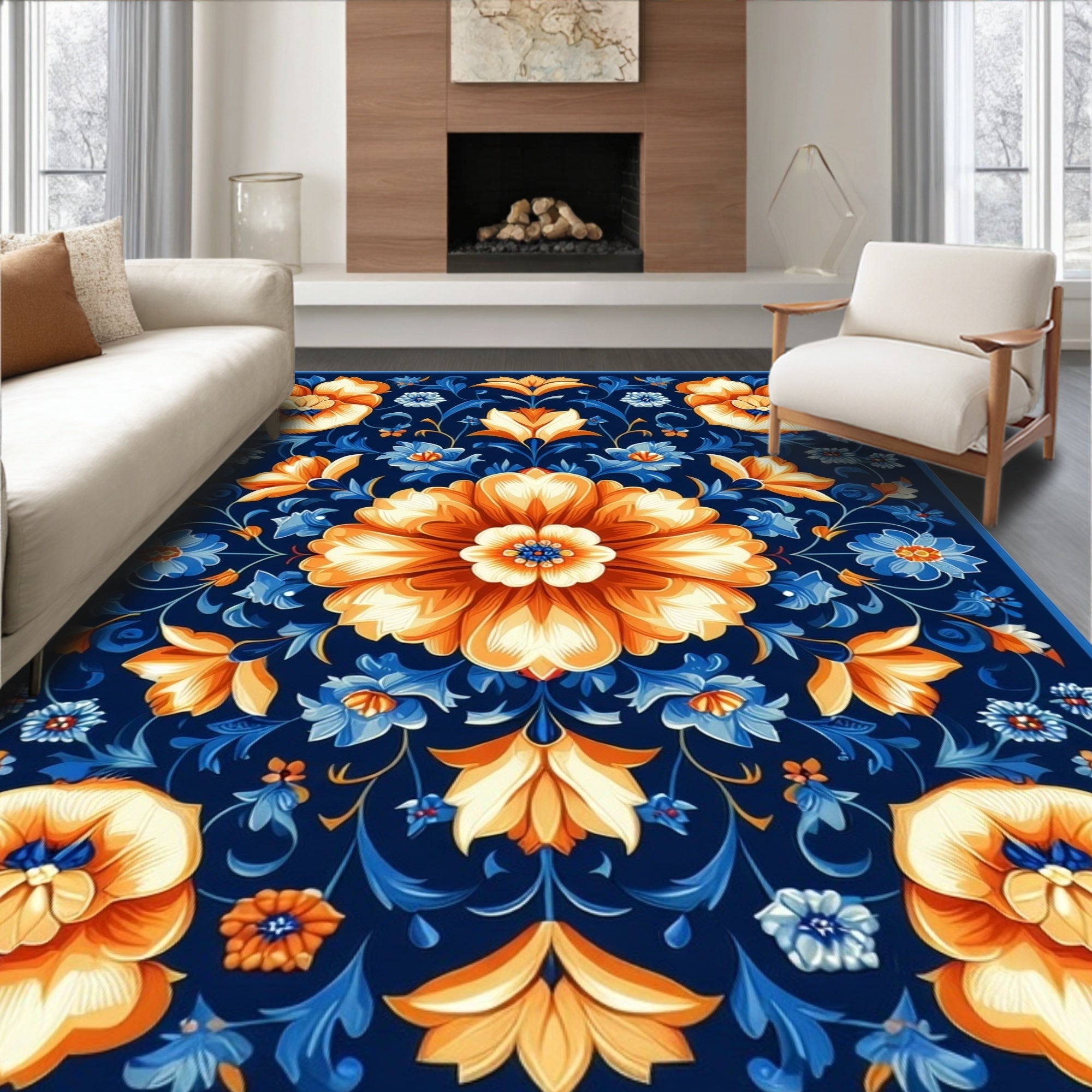 Ornate Floral Blue Orange Pattern Rug