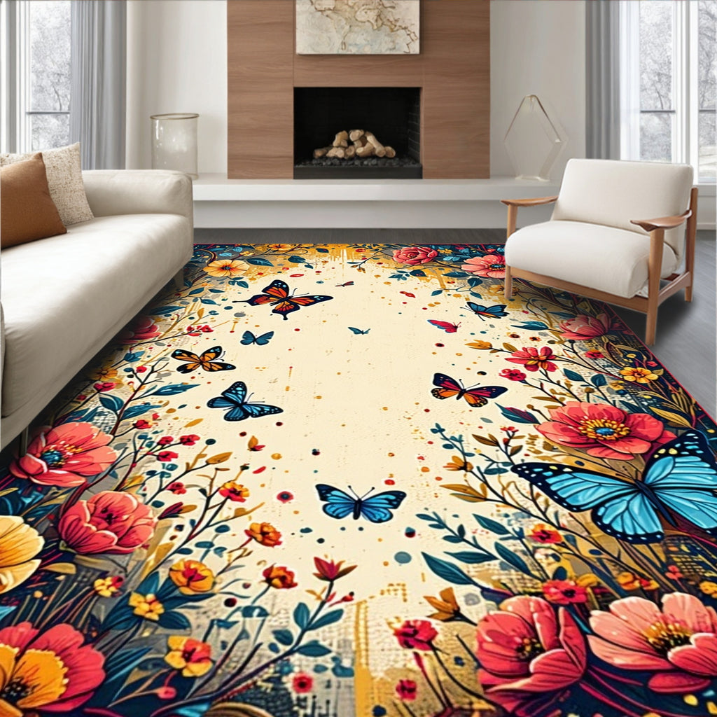 Vibrant Butterfly Floral Garden Pattern Rug