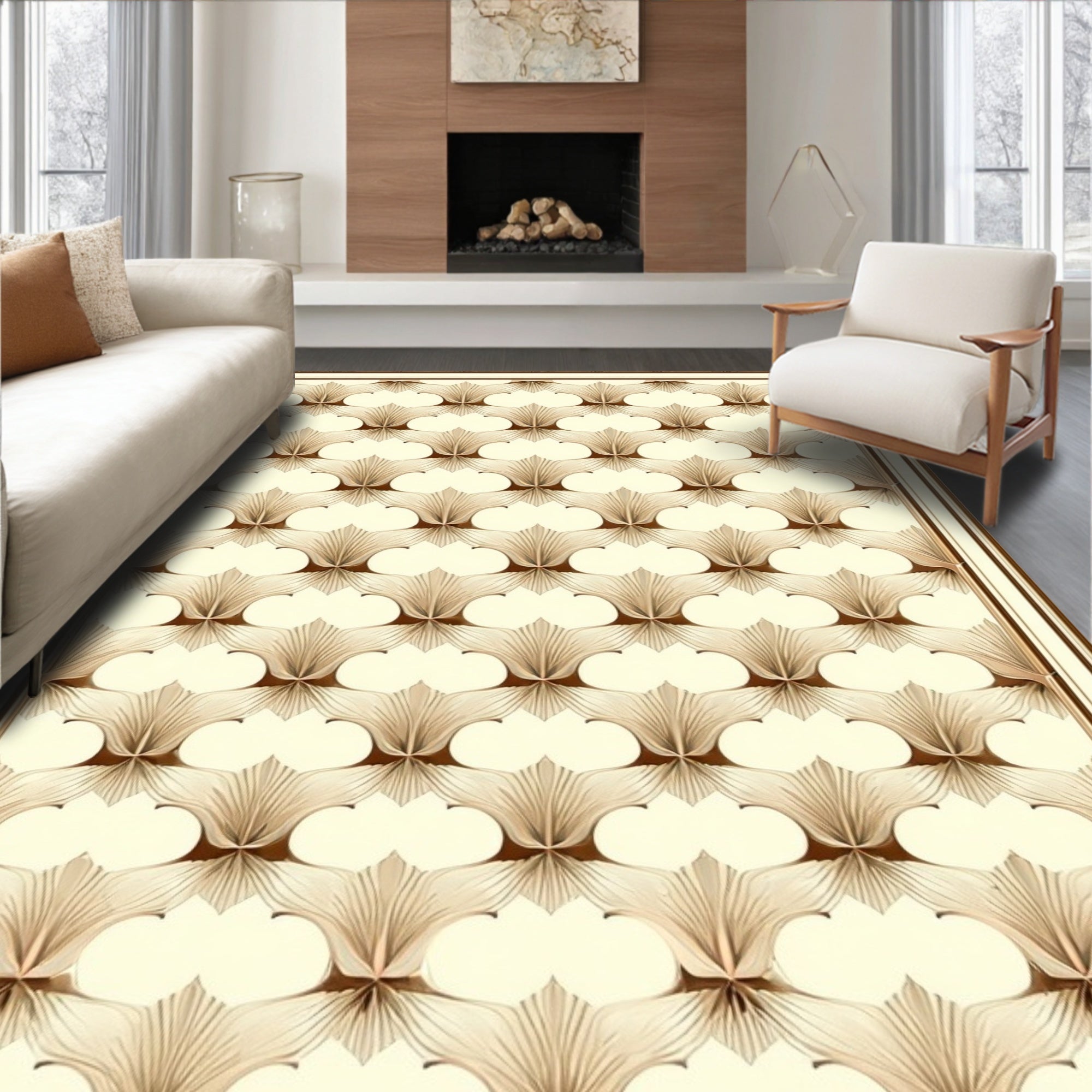 Elegant Gold Art Deco Fan Pattern Rug