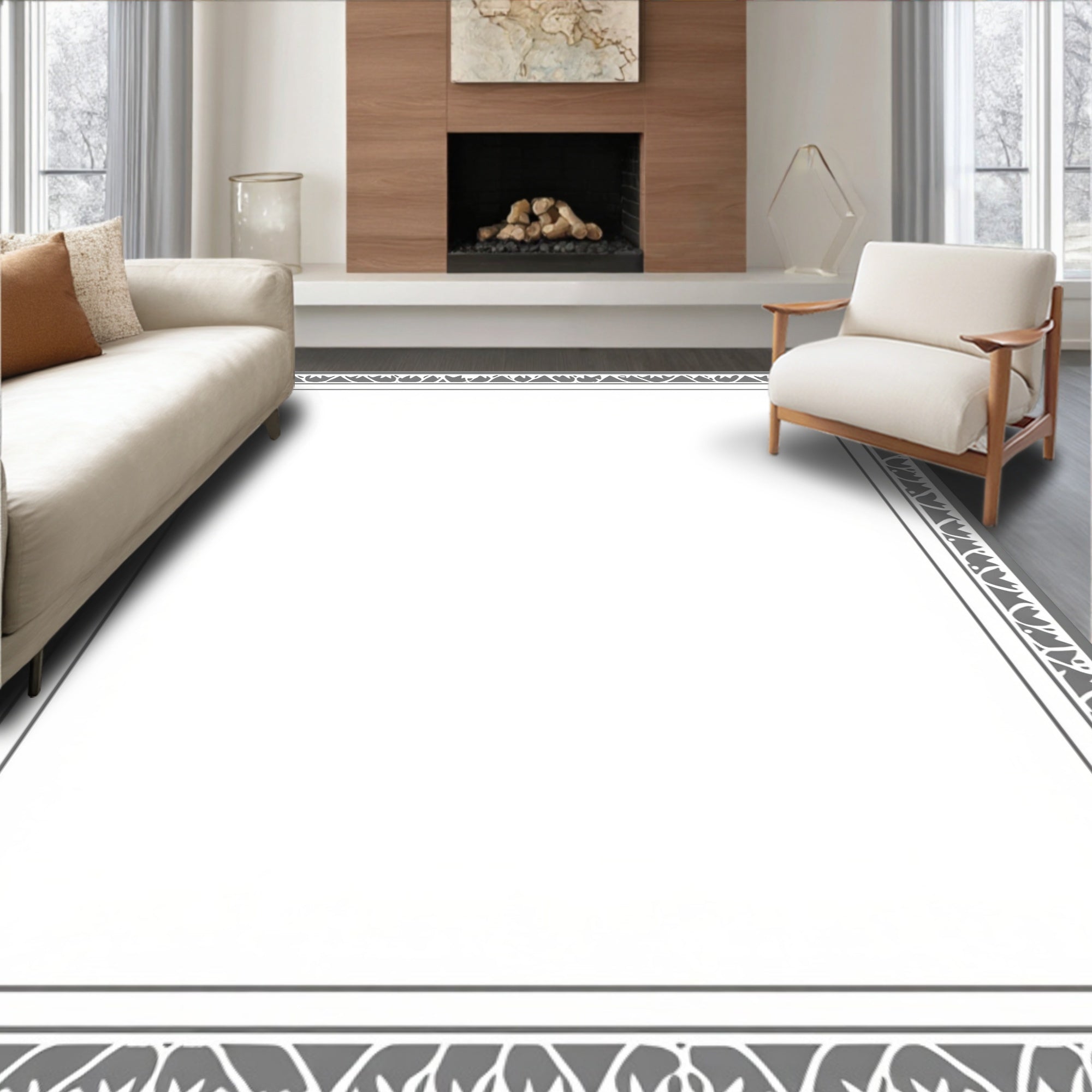 Ornate Leaf Border Grey Design Rug