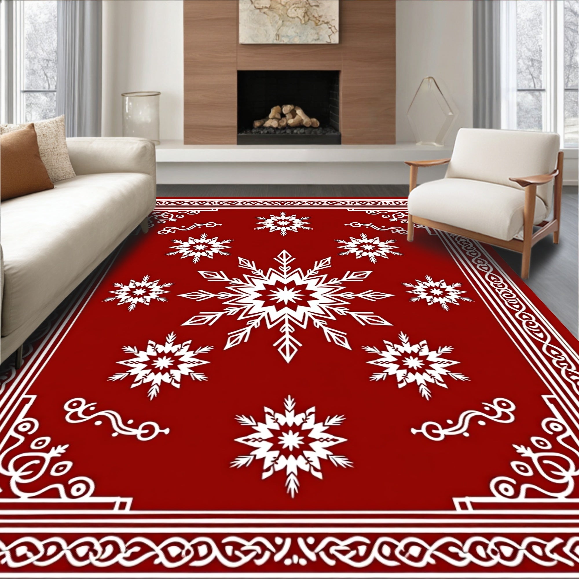 Crimson Snowflake Border Garland Rug