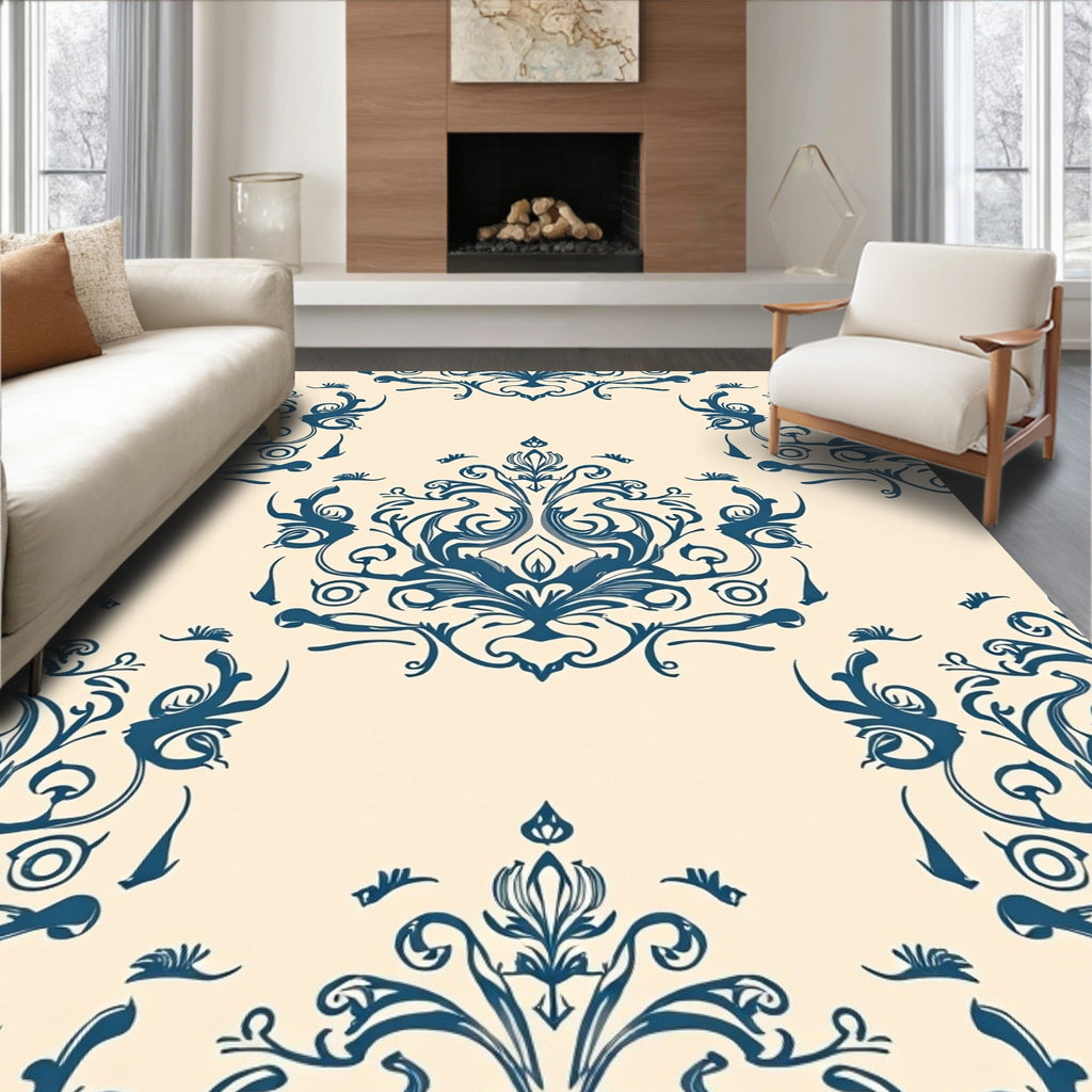 Classic Navy Blue Floral Damask Rug