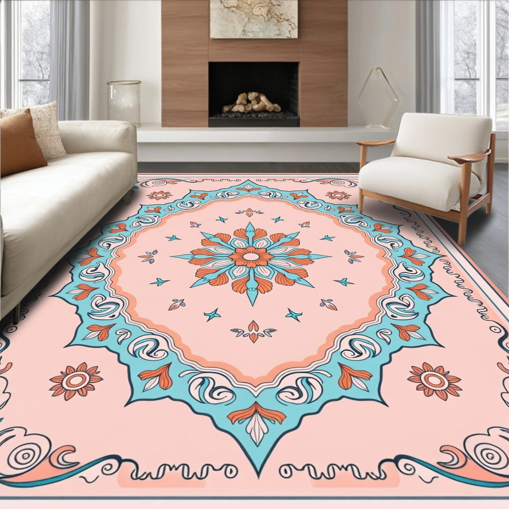 Floral Medallion Pastel Scroll Pattern Rug