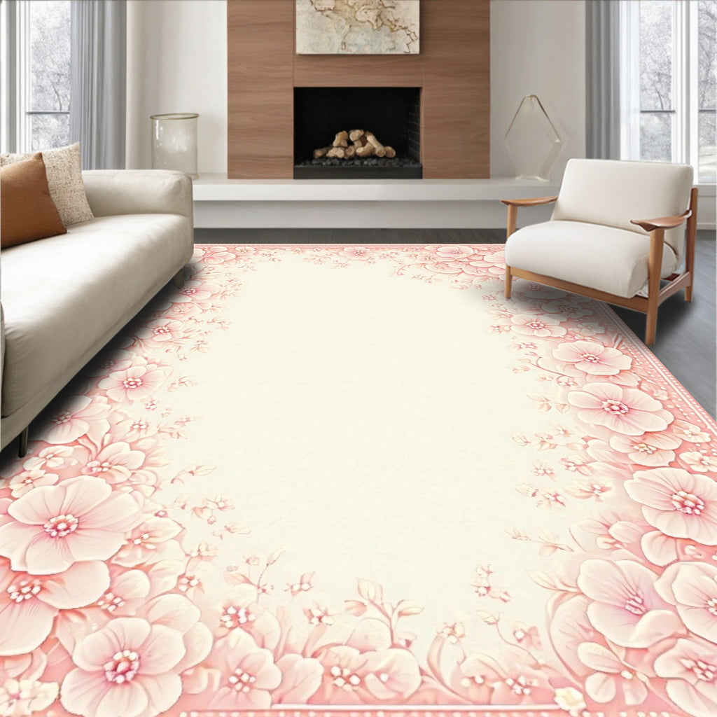 Soft Pink Floral Embossed Border Rug