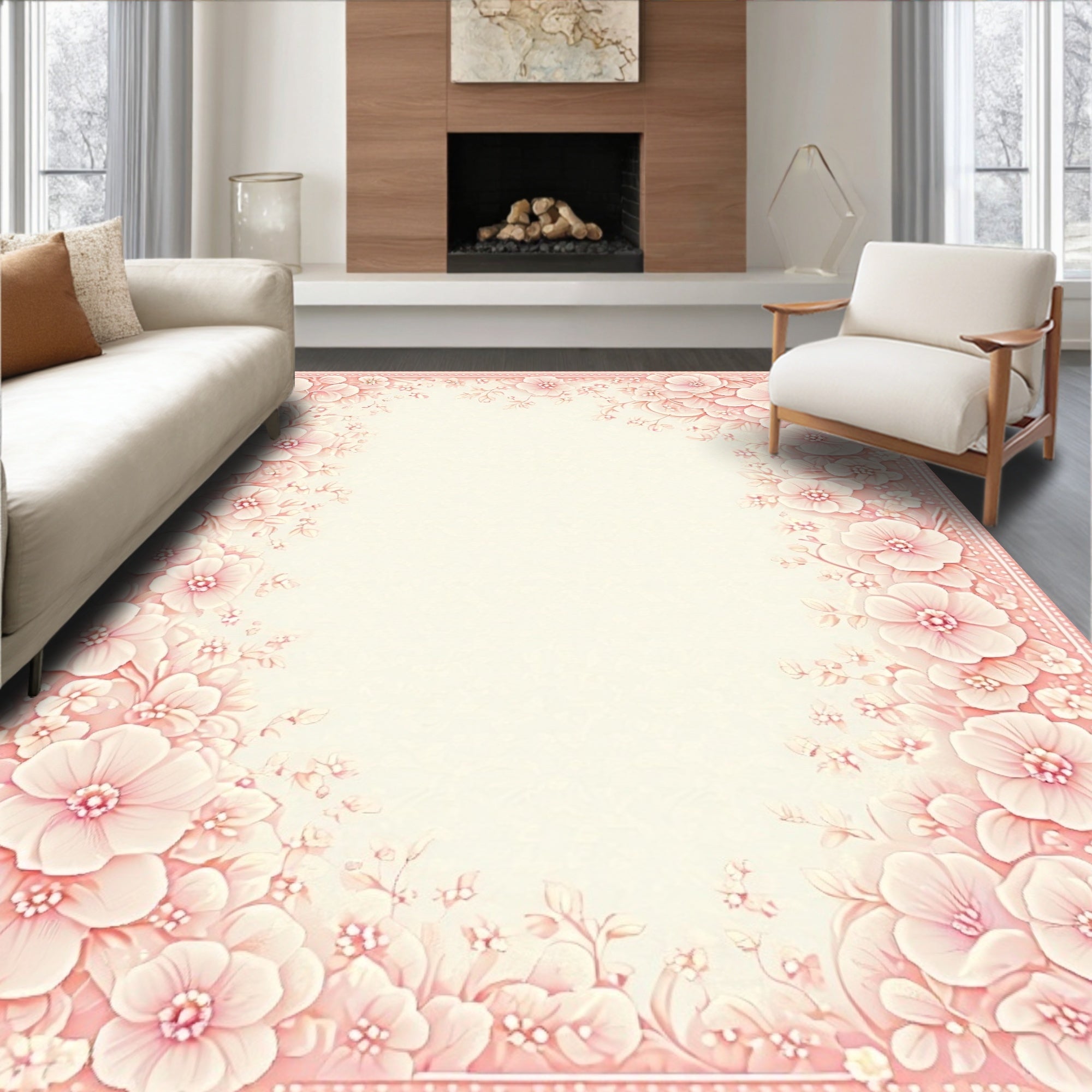 Soft Pink Floral Embossed Border Rug