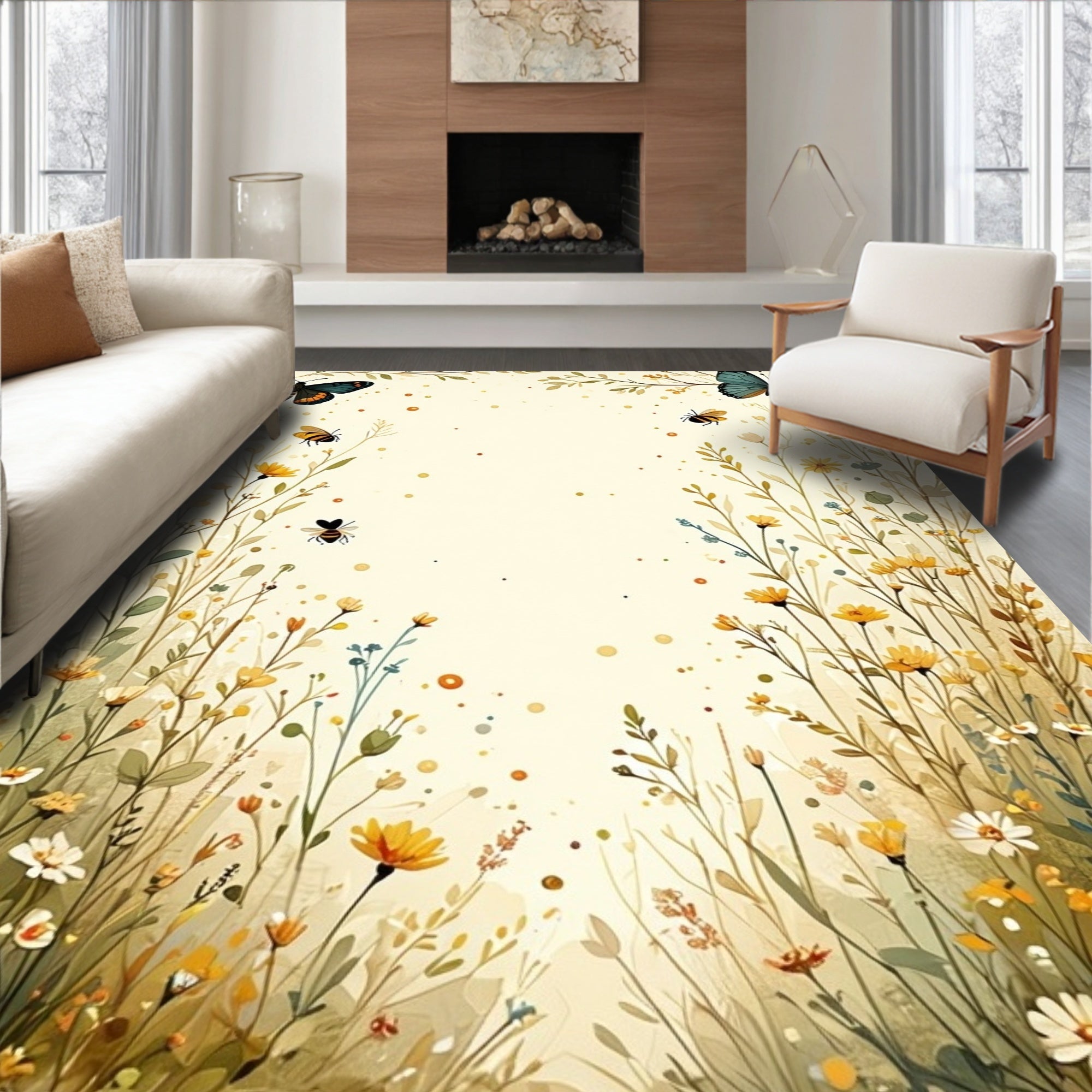 Whimsical Garden Butterflies Bees Design Rug