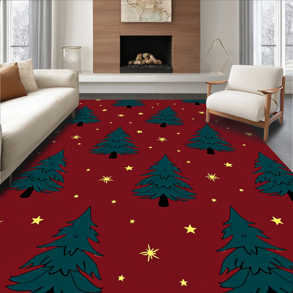 Festive Green Trees Yellow Stars Rug