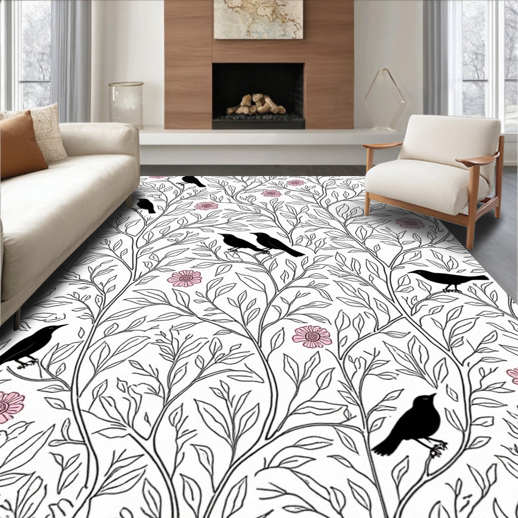 Black Birds Pink Flowers Nature Design Rug