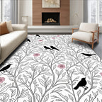 Black Birds Pink Flowers Nature Design Rug