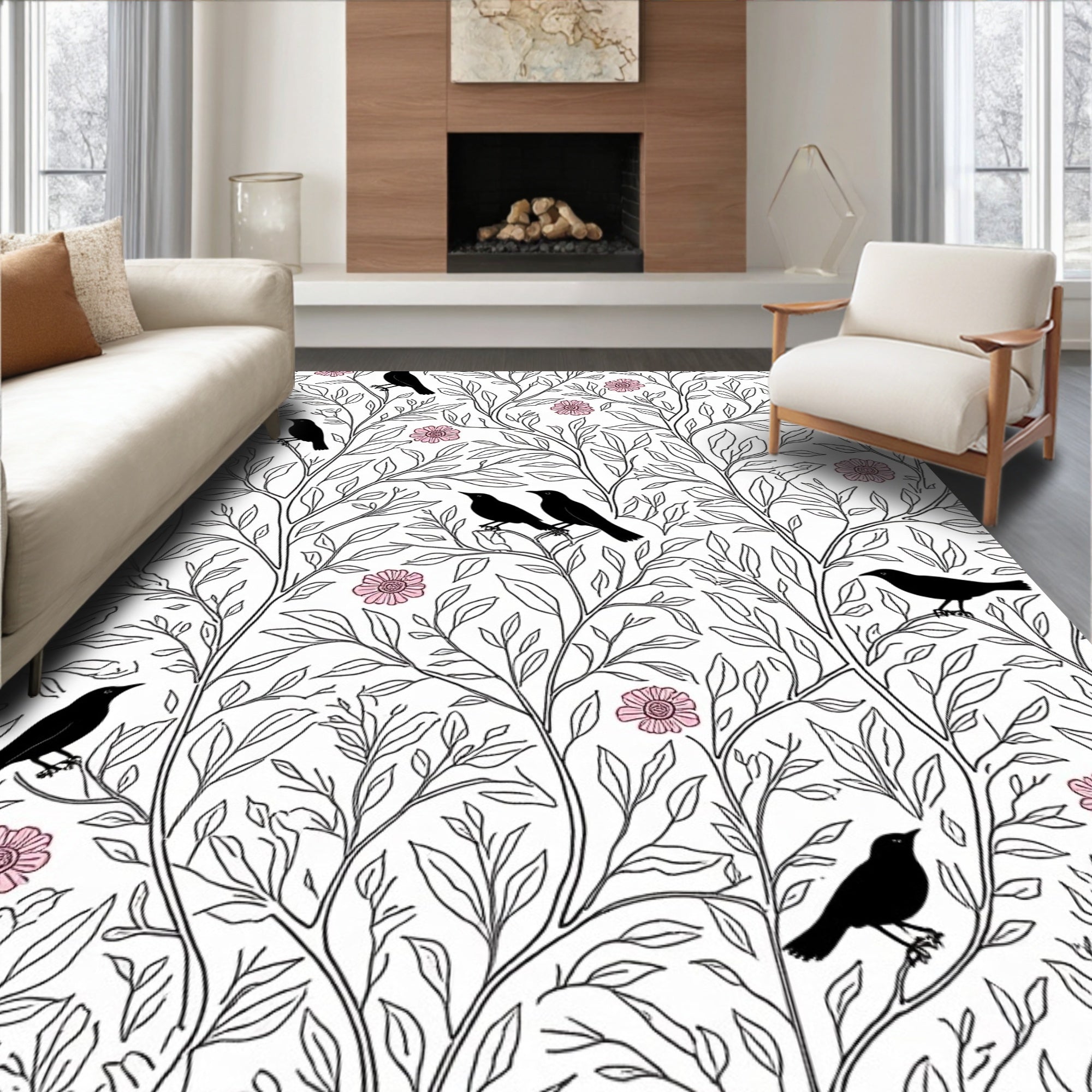 Black Birds Pink Flowers Nature Design Rug