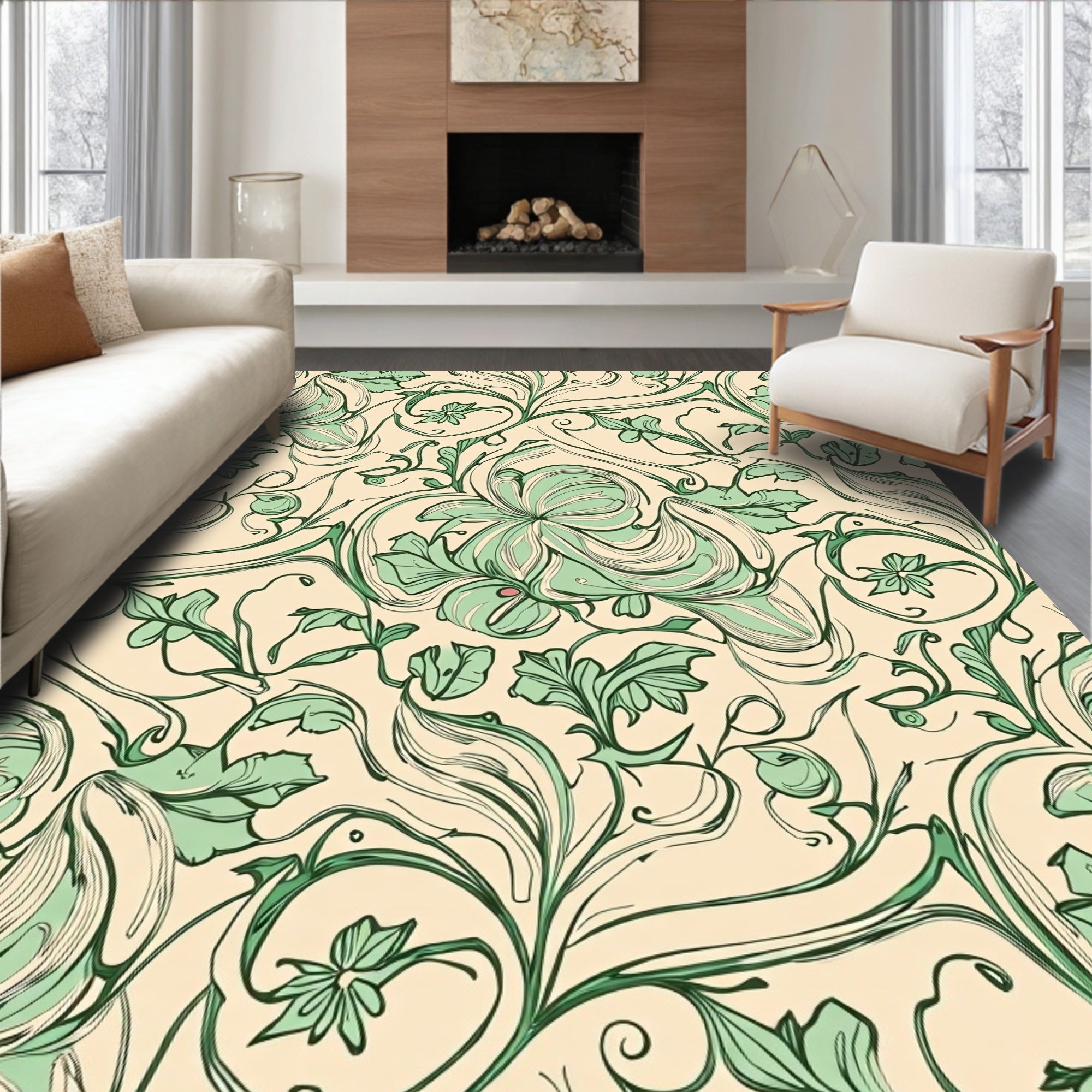 Cream Green Floral Swirls Rug