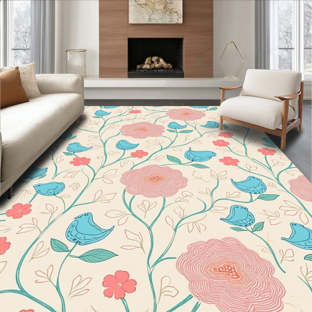 Whimsical Birds Floral Pattern Rug