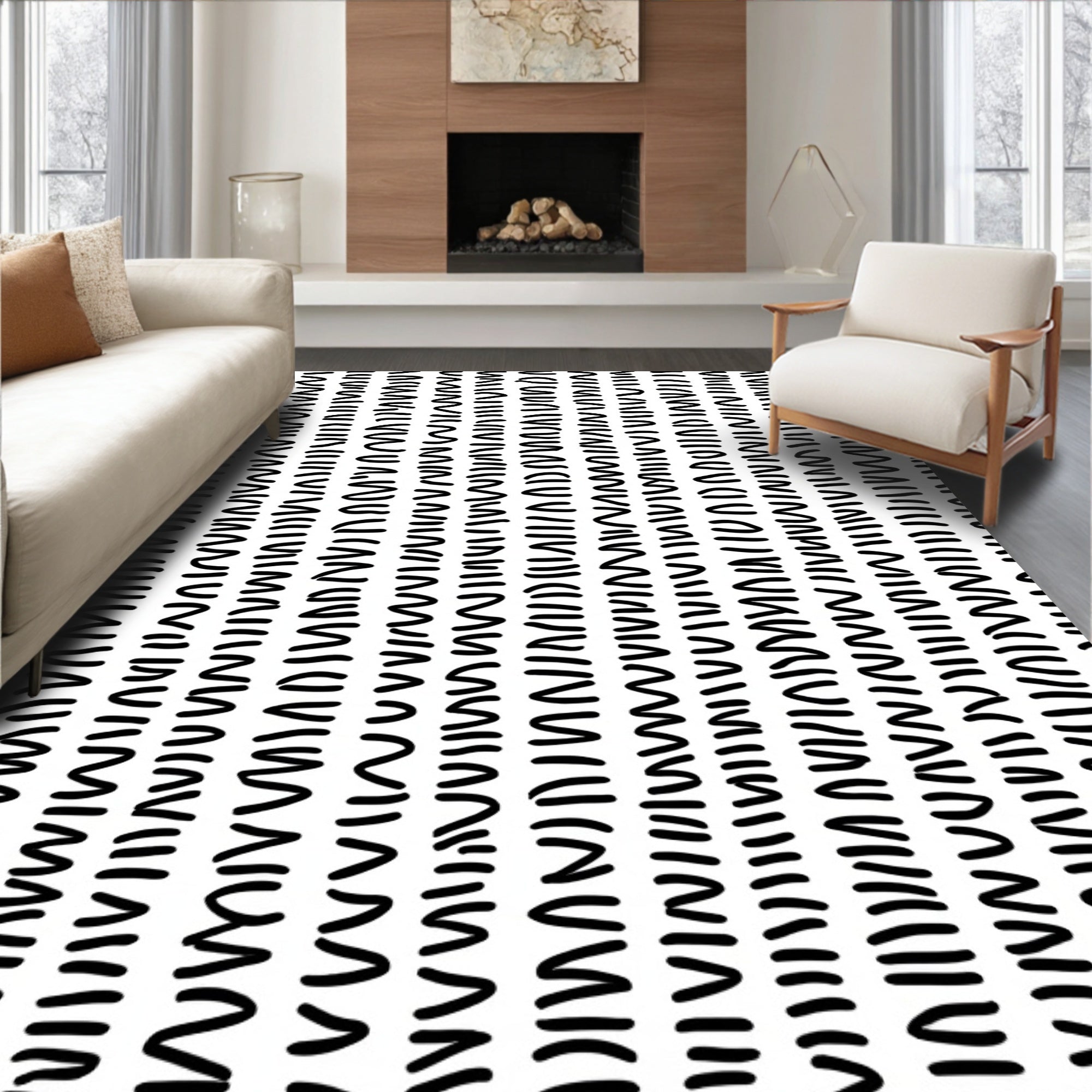 Bold Black Abstract Line Design Rug