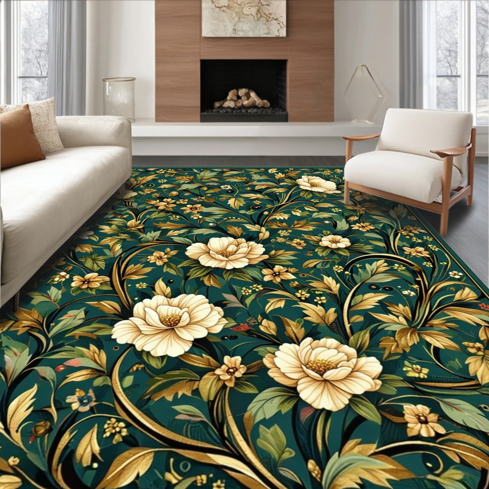 Emerald Floral Scroll Vintage Design Rug