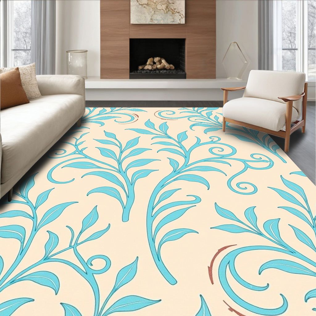 Light Peach Blue Leafy Swirl Scroll Rug