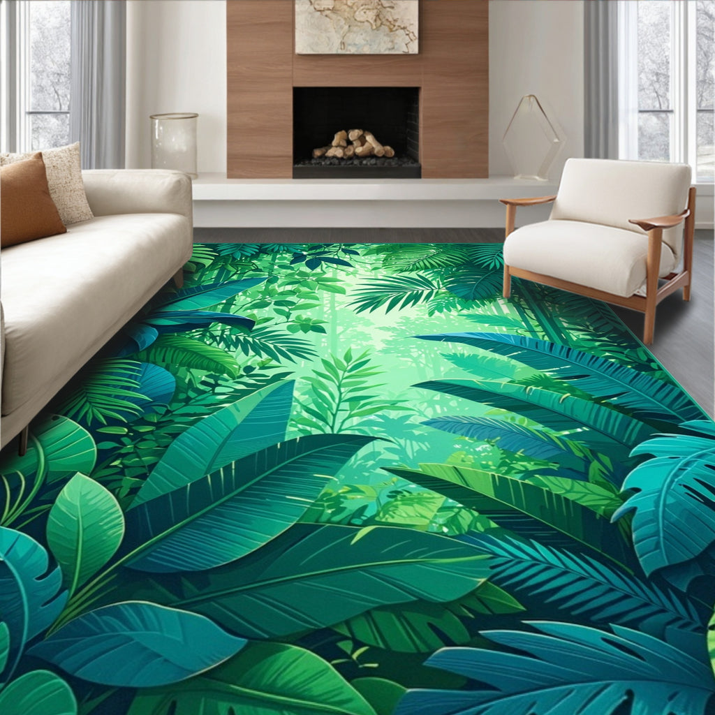 Lush Tropical Jungle Leaf Pattern Rug