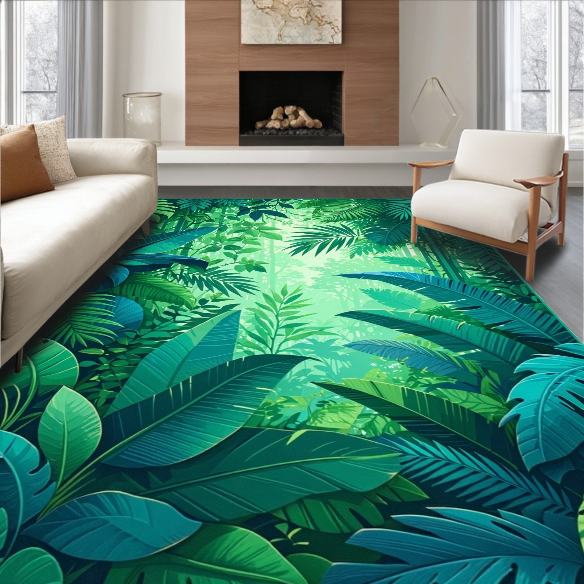 Lush Tropical Jungle Leaf Pattern Rug