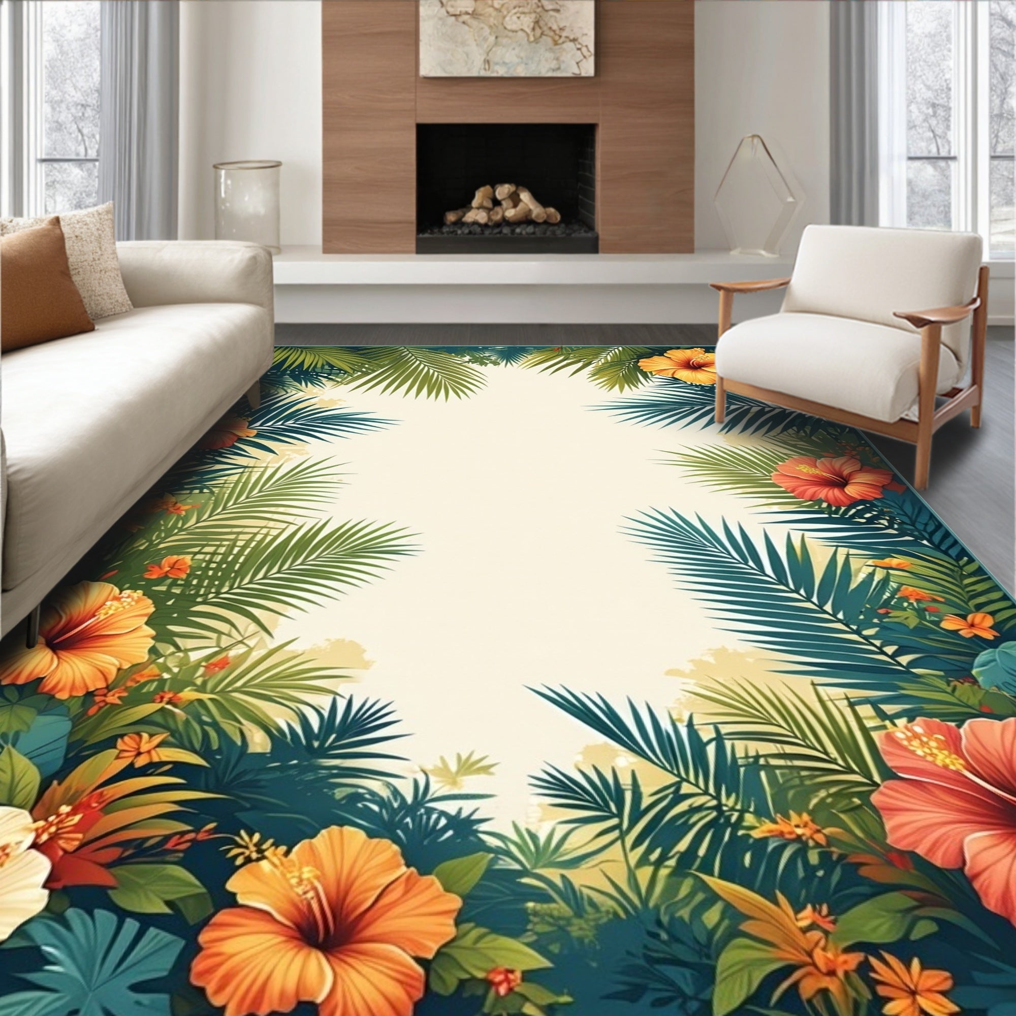 Tropical Floral And Palm Leaf Design Rug