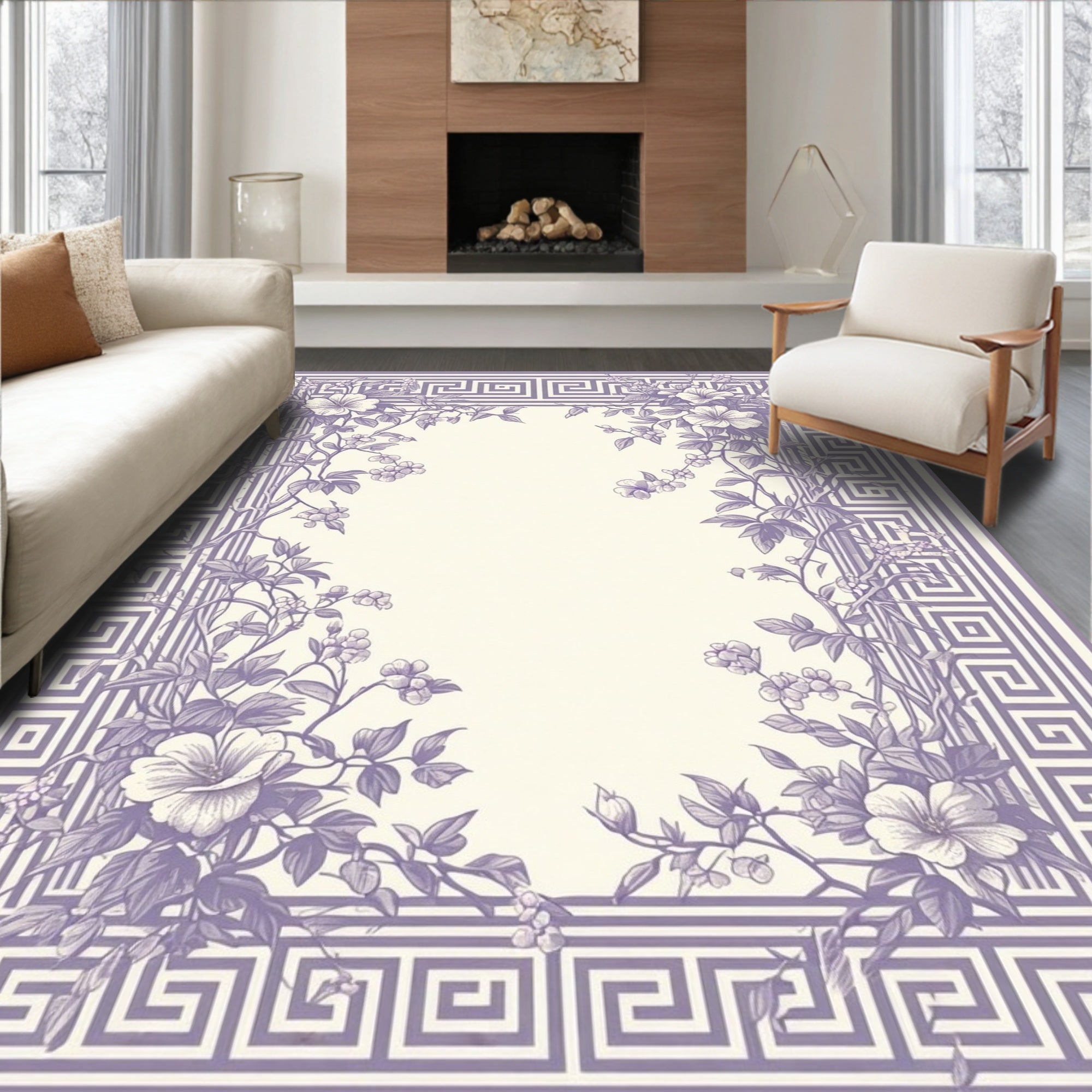 Floral Wreath With Geometric Border Rug