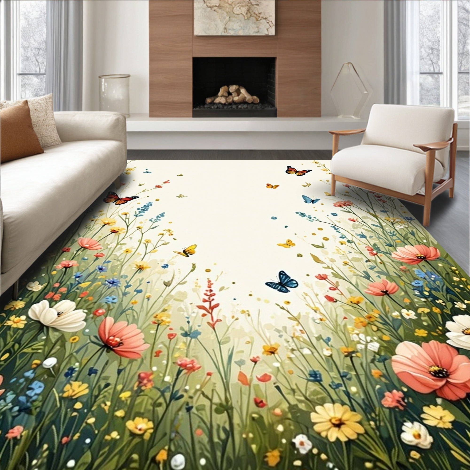 Whimsical Garden Meadow Butterfly Bloom Design Rug