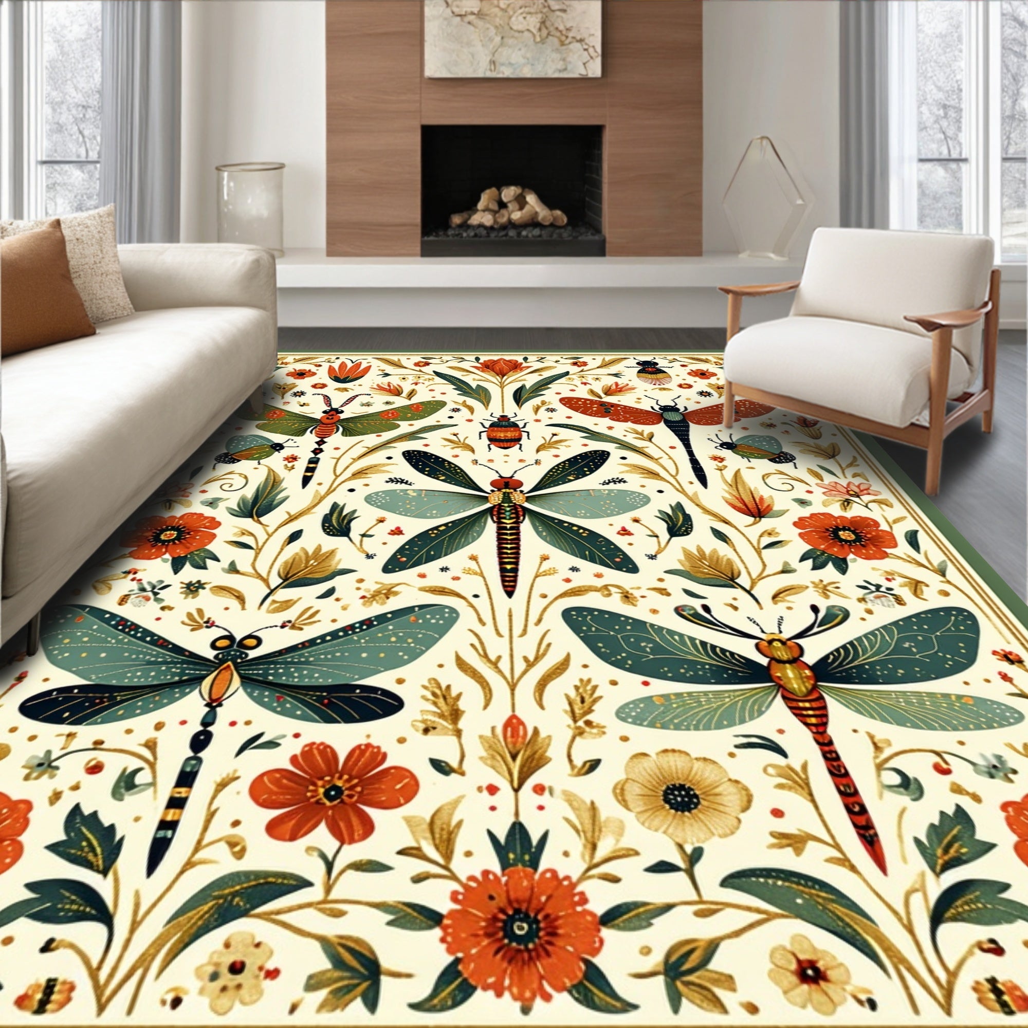 Insects Floral Motif Pattern Rug