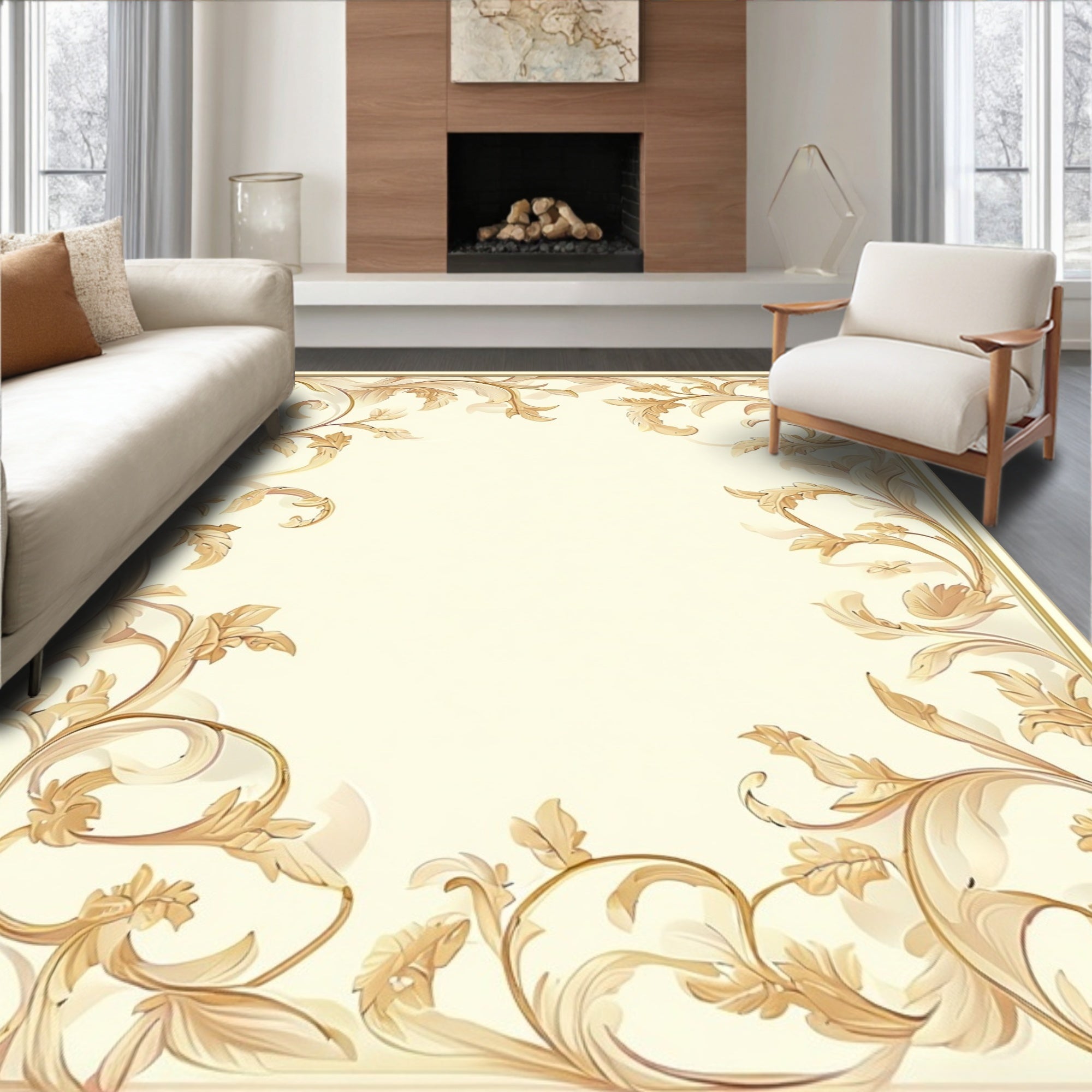Ornate Regal Scrollwork Border Design Rug