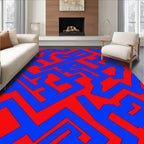 Abstract Red Blue Interlocking Pattern Rug