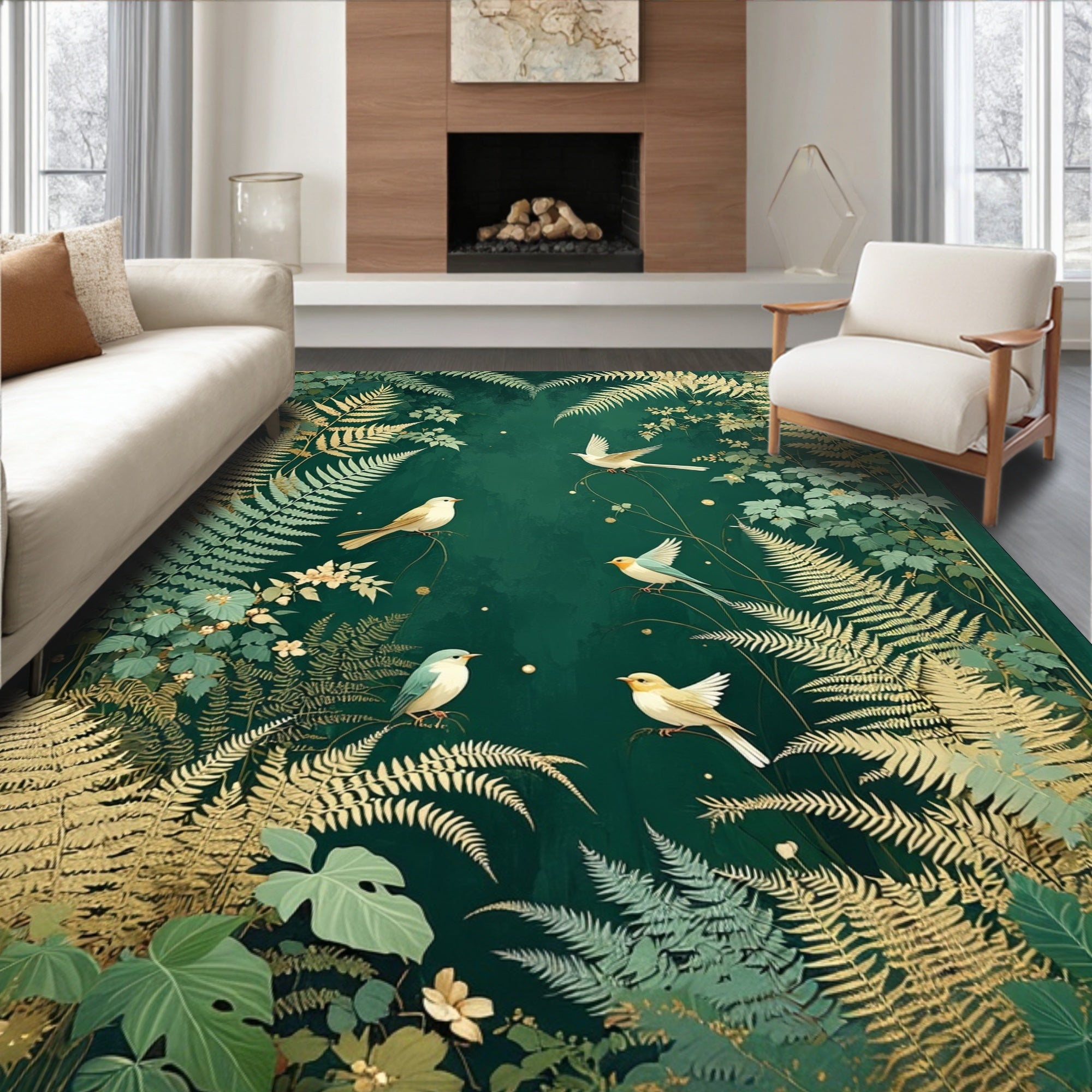 Emerald Forest Bird and Fern Pattern Rug