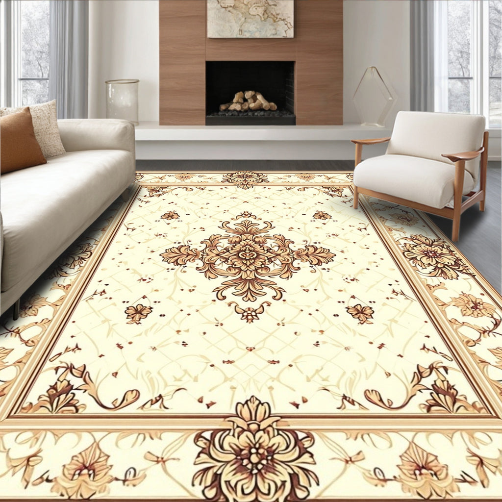 Cream Gold Ornate Floral Rug