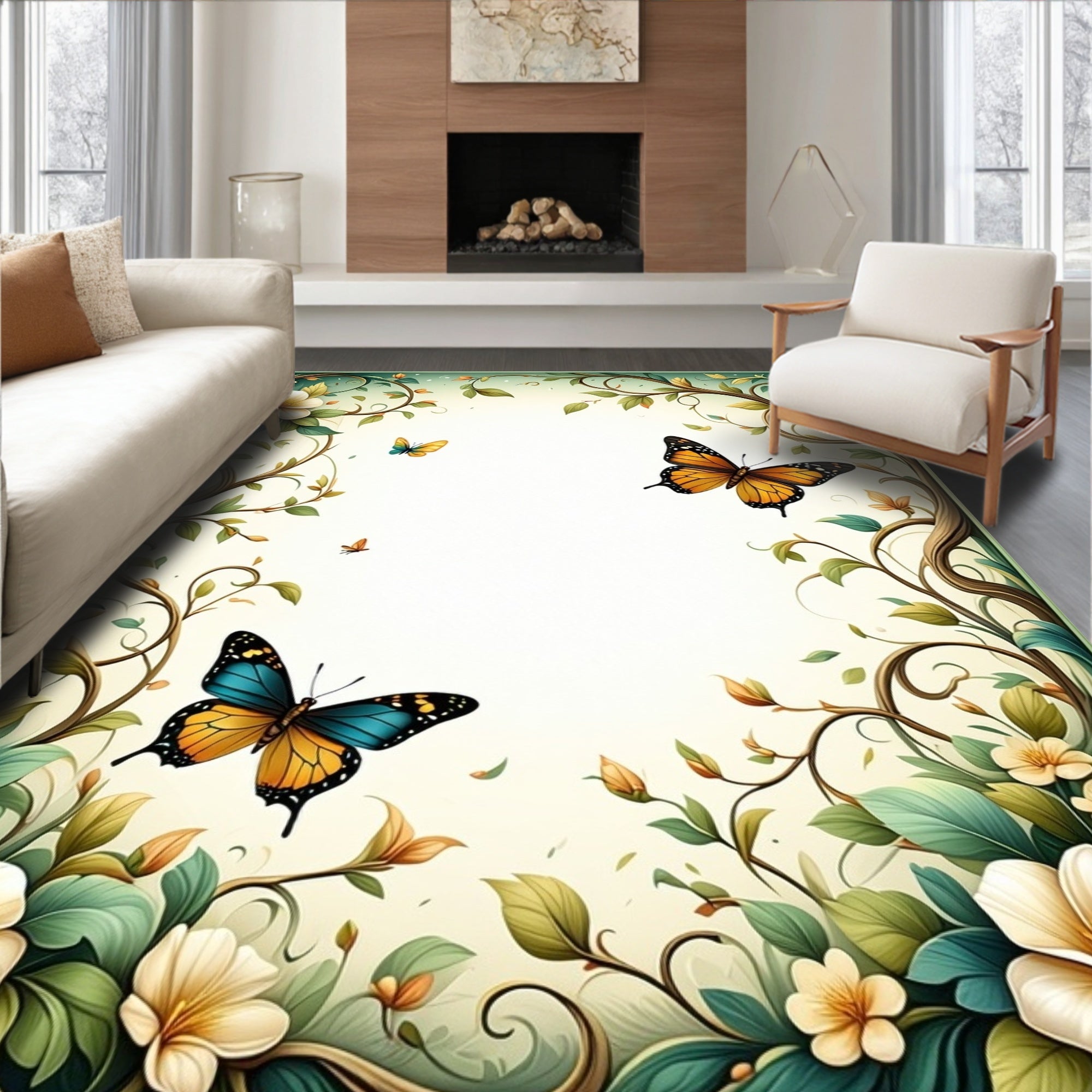 Whimsical Butterflies Floral Vine Rug
