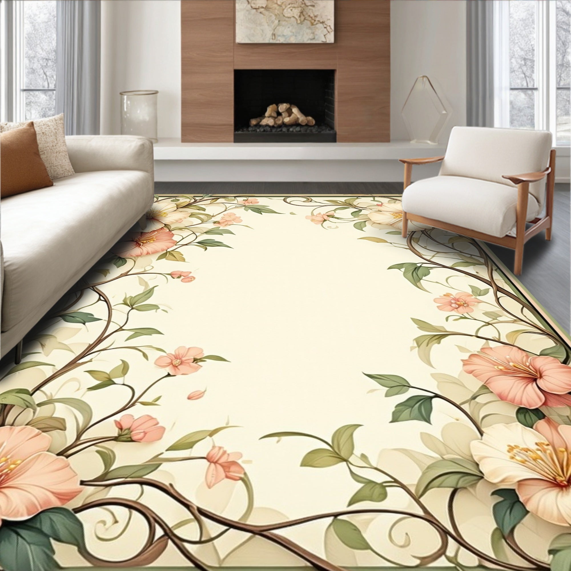 Soft Floral Vines Botanical Art Rug