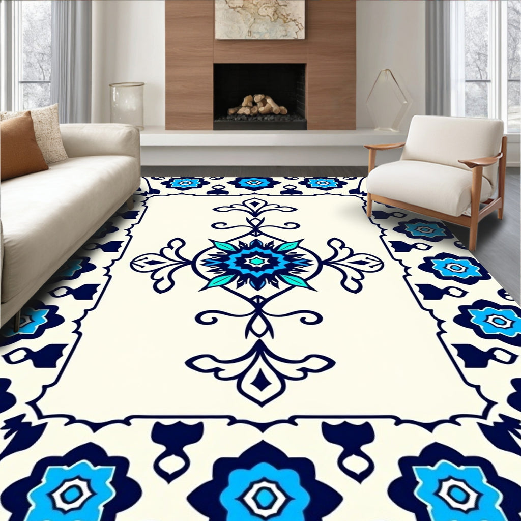 Classic Blue Ivory Floral Medallion Rug