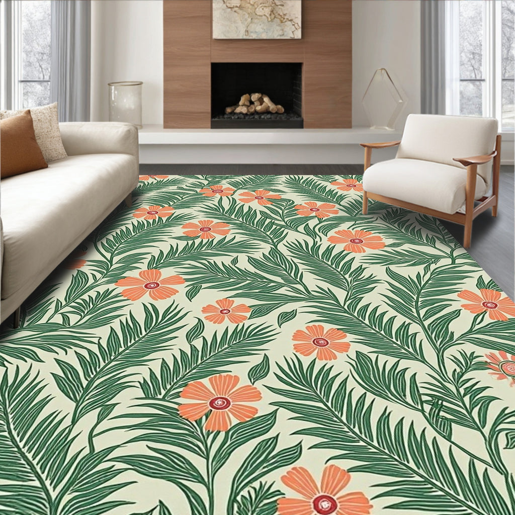 Tropical Floral Leaves Cream Rug