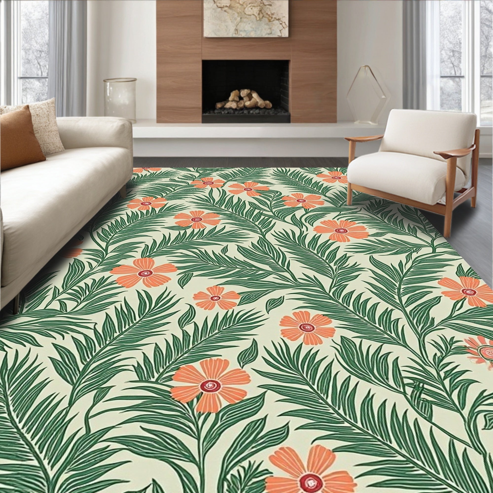 Tropical Floral Leaves Cream Rug