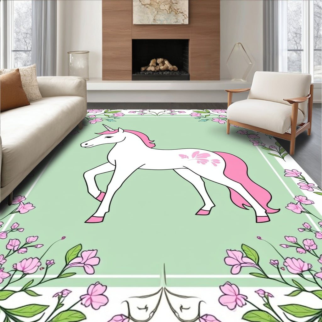 Graceful Unicorn Surrounded by Pink Flowers Rug