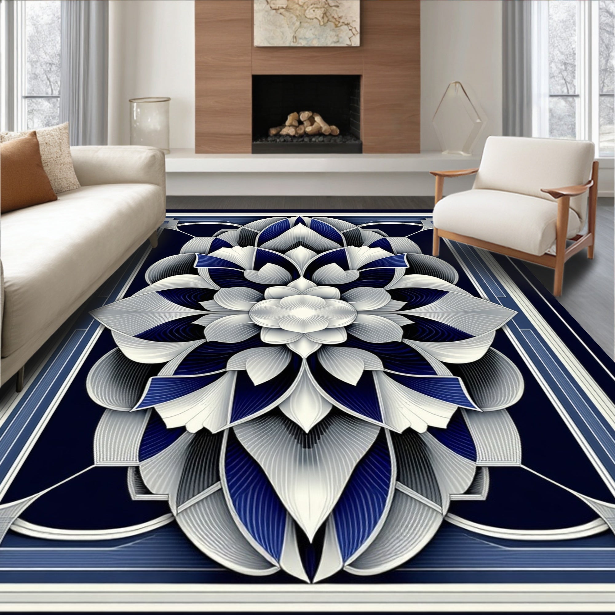 Art Deco Navy Blue Lotus Design Rug