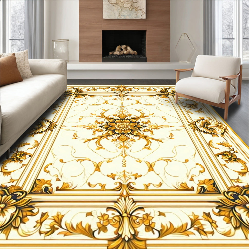 Ornate Gold Floral Medallion Rug