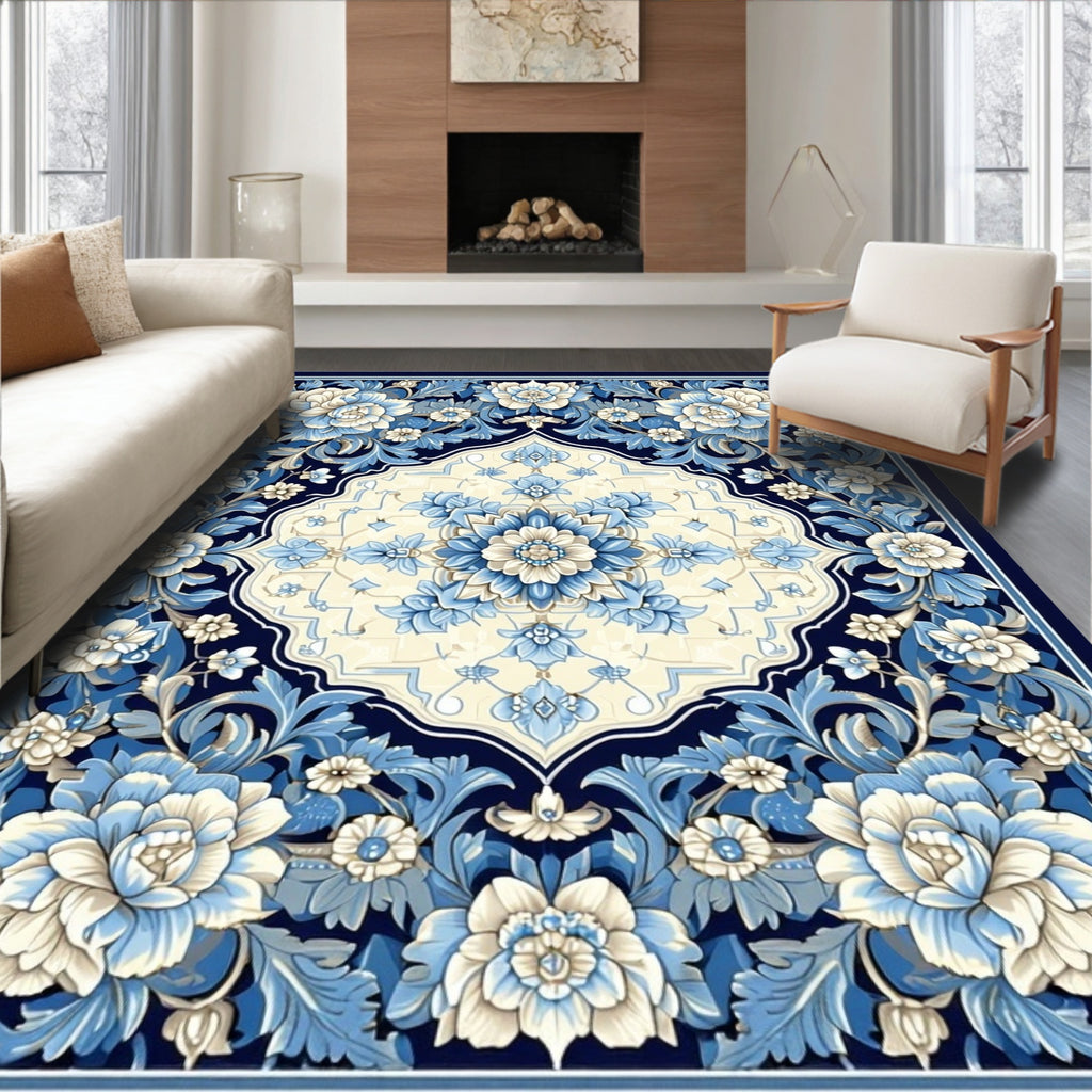 Floral Medallion Pattern Blue Cream Design Rug