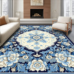 Floral Medallion Pattern Blue Cream Design Rug