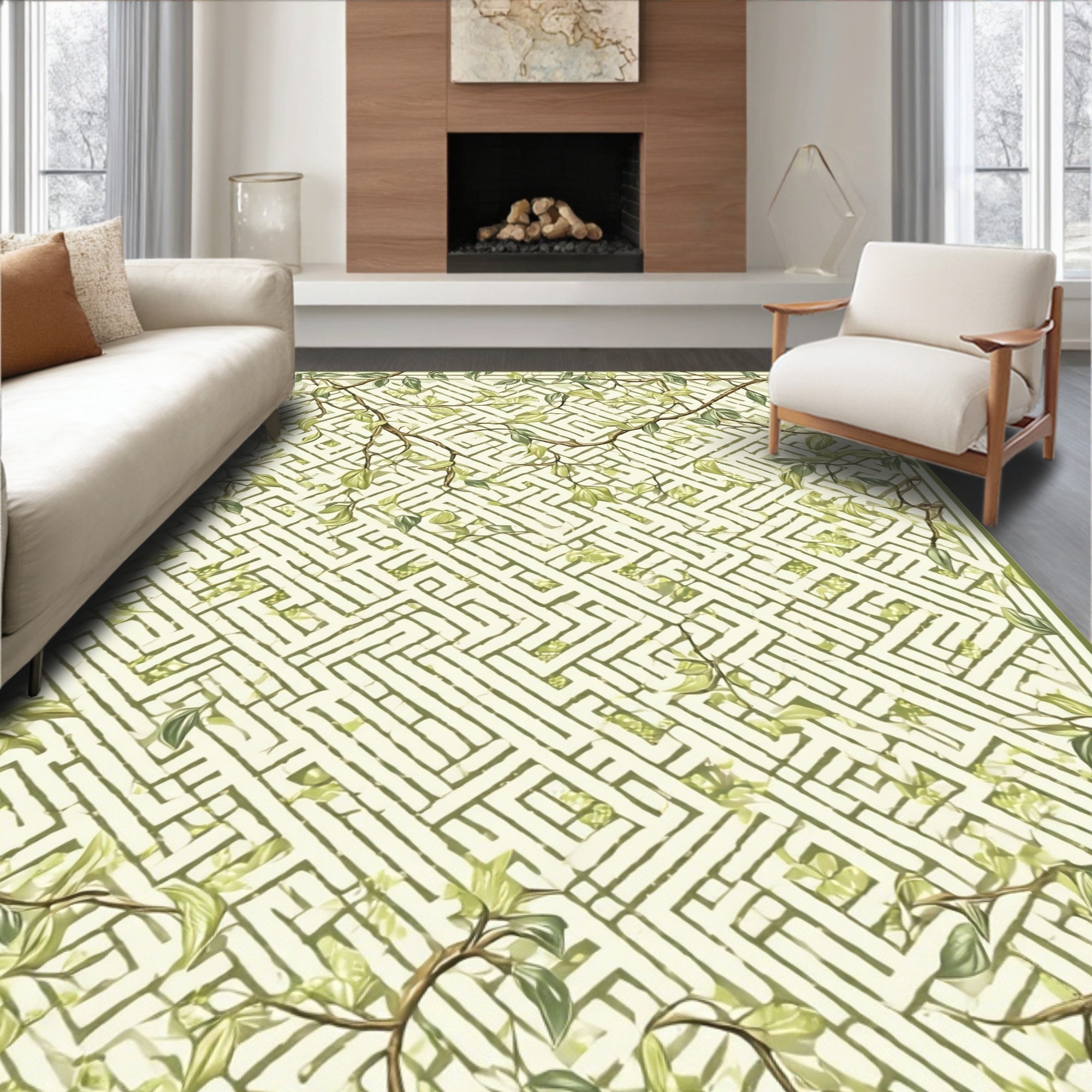 Green Floral Maze Pattern Rug