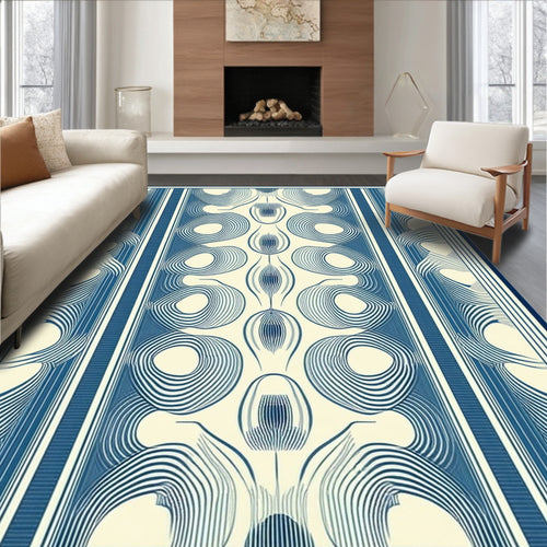 Abstract Blue Cream Wavy Stripe Rug