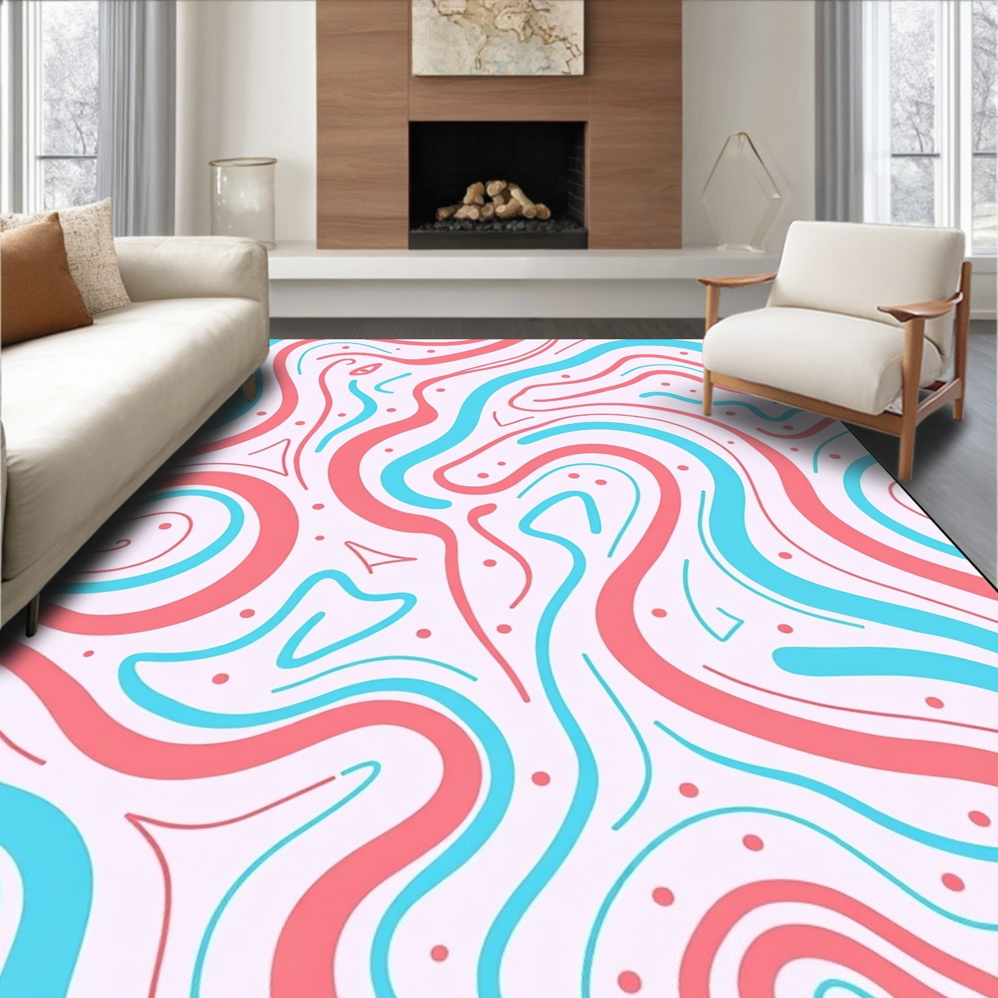 Coral Teal Swirl Abstract Rug