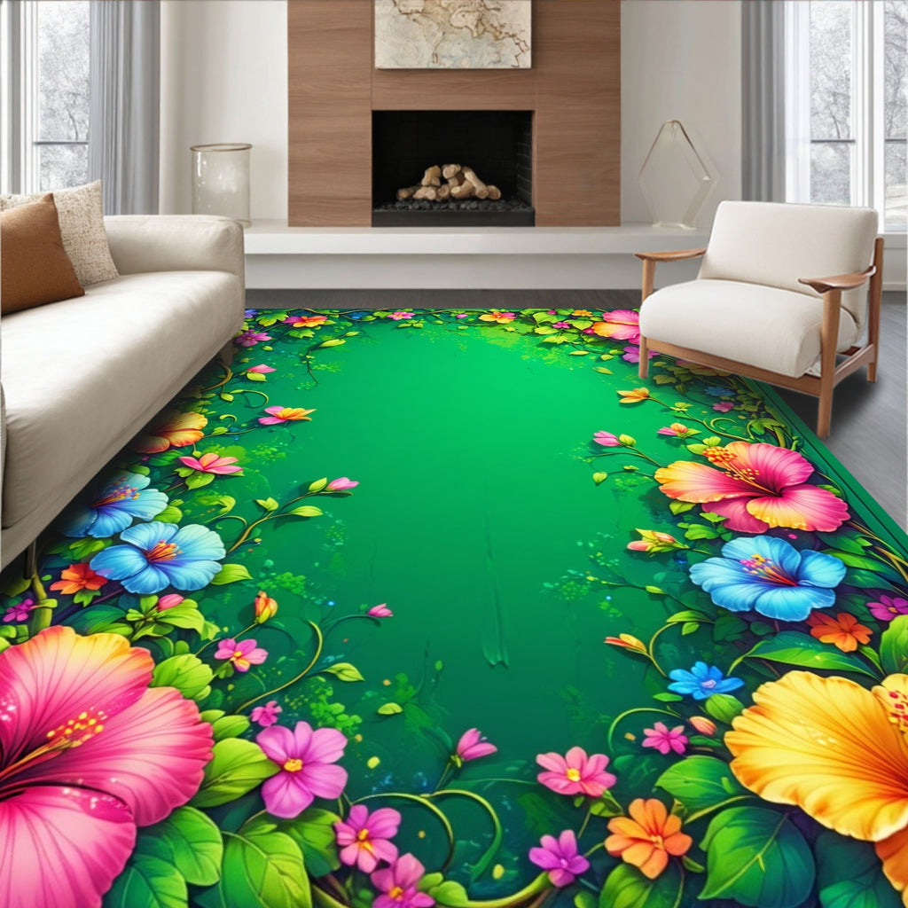 Vibrant Tropical Hibiscus Floral Border Rug