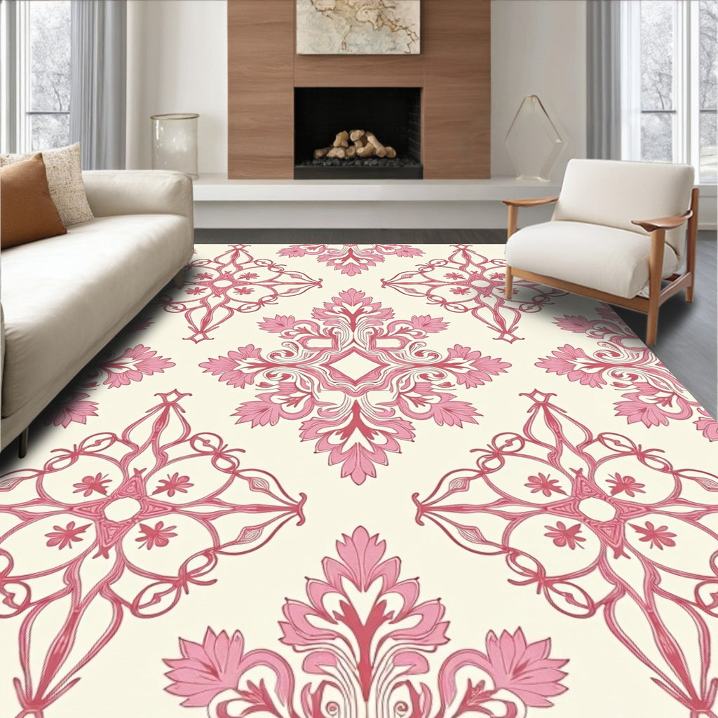 Ornate Pink Floral Damask Pattern Rug