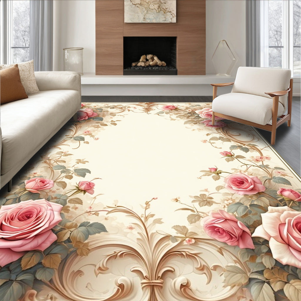 Vintage Pink Rose Blossom Scrollwork Rug