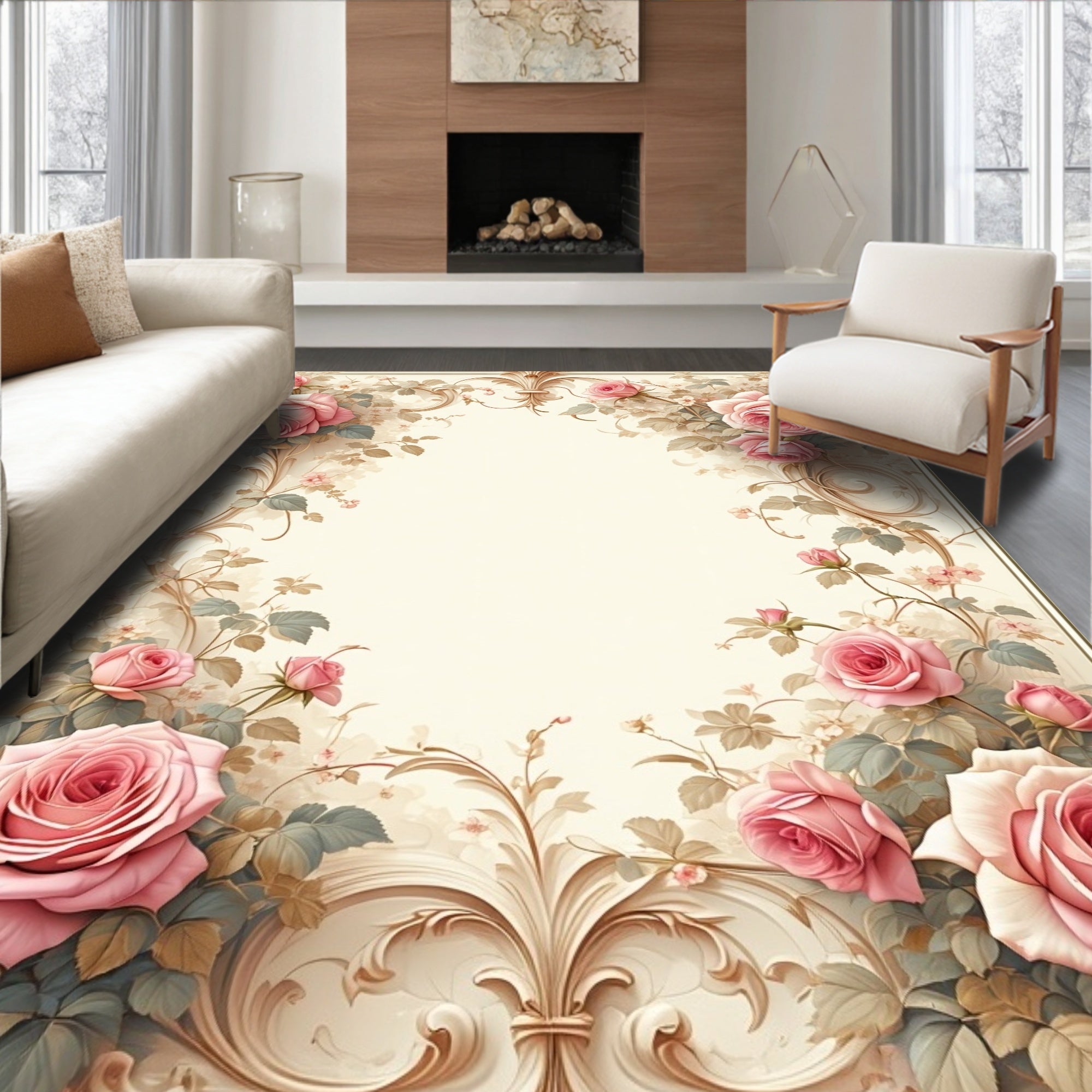 Vintage Pink Rose Blossom Scrollwork Rug
