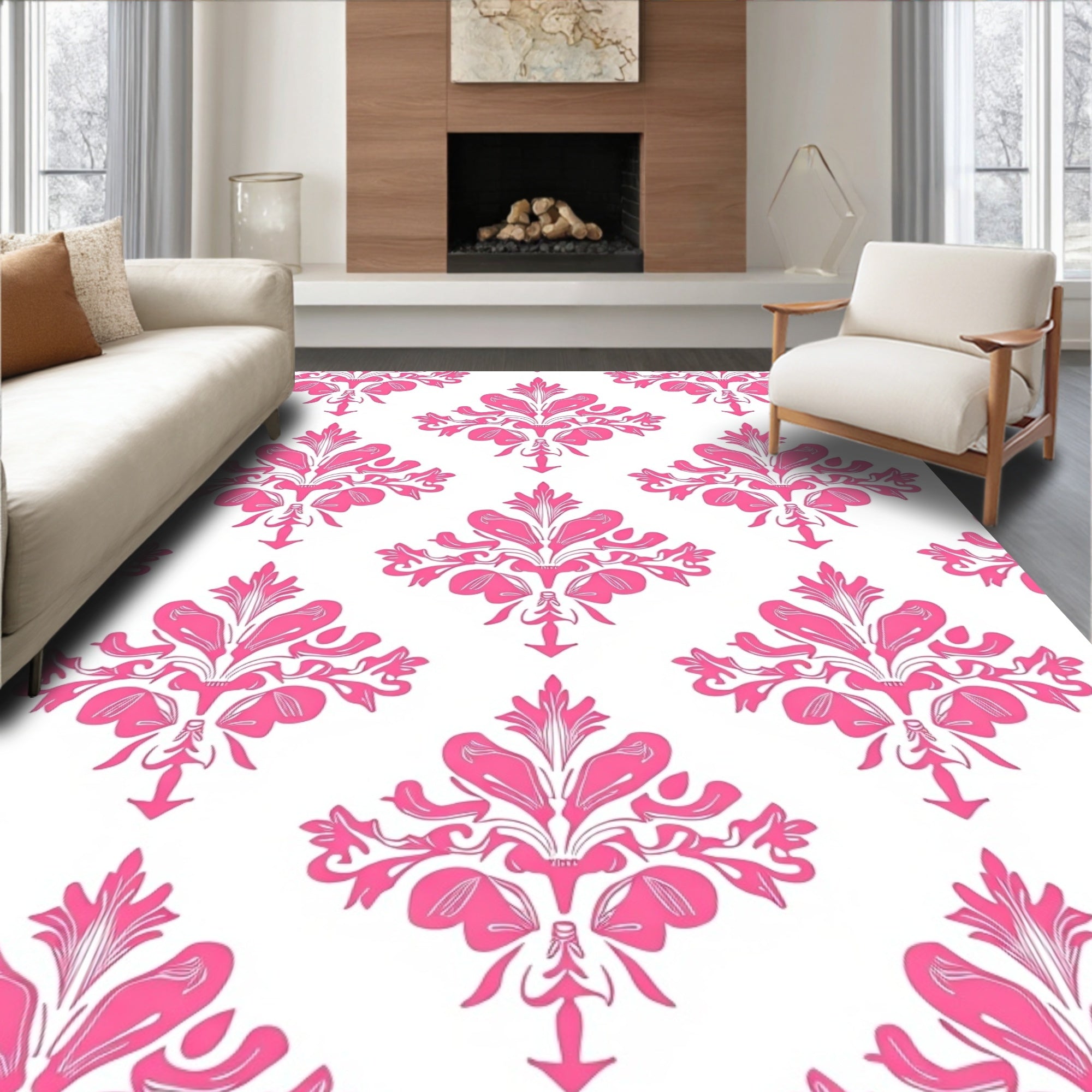 Pink Floral Damask Pattern Rug