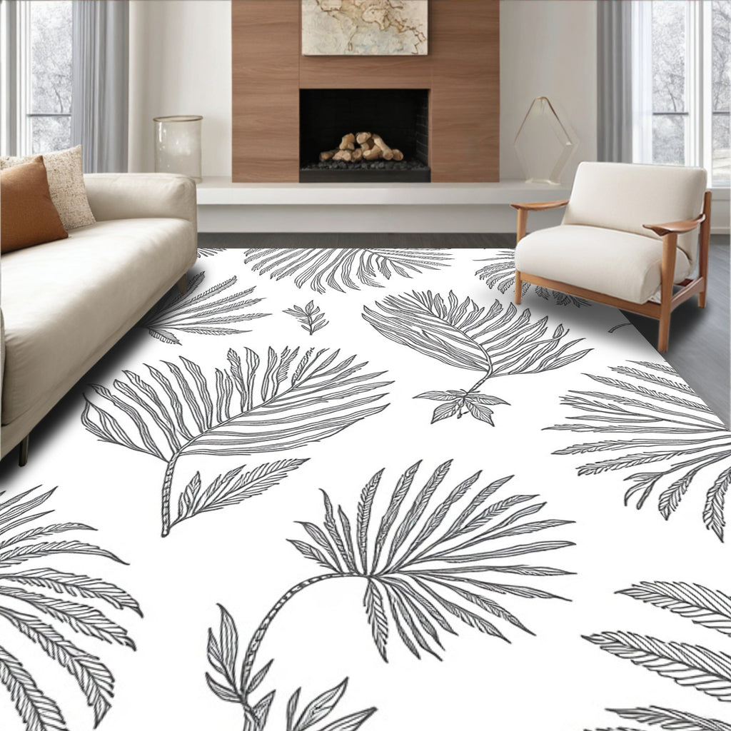 Leafy Botanical Line Drawing Area Rug