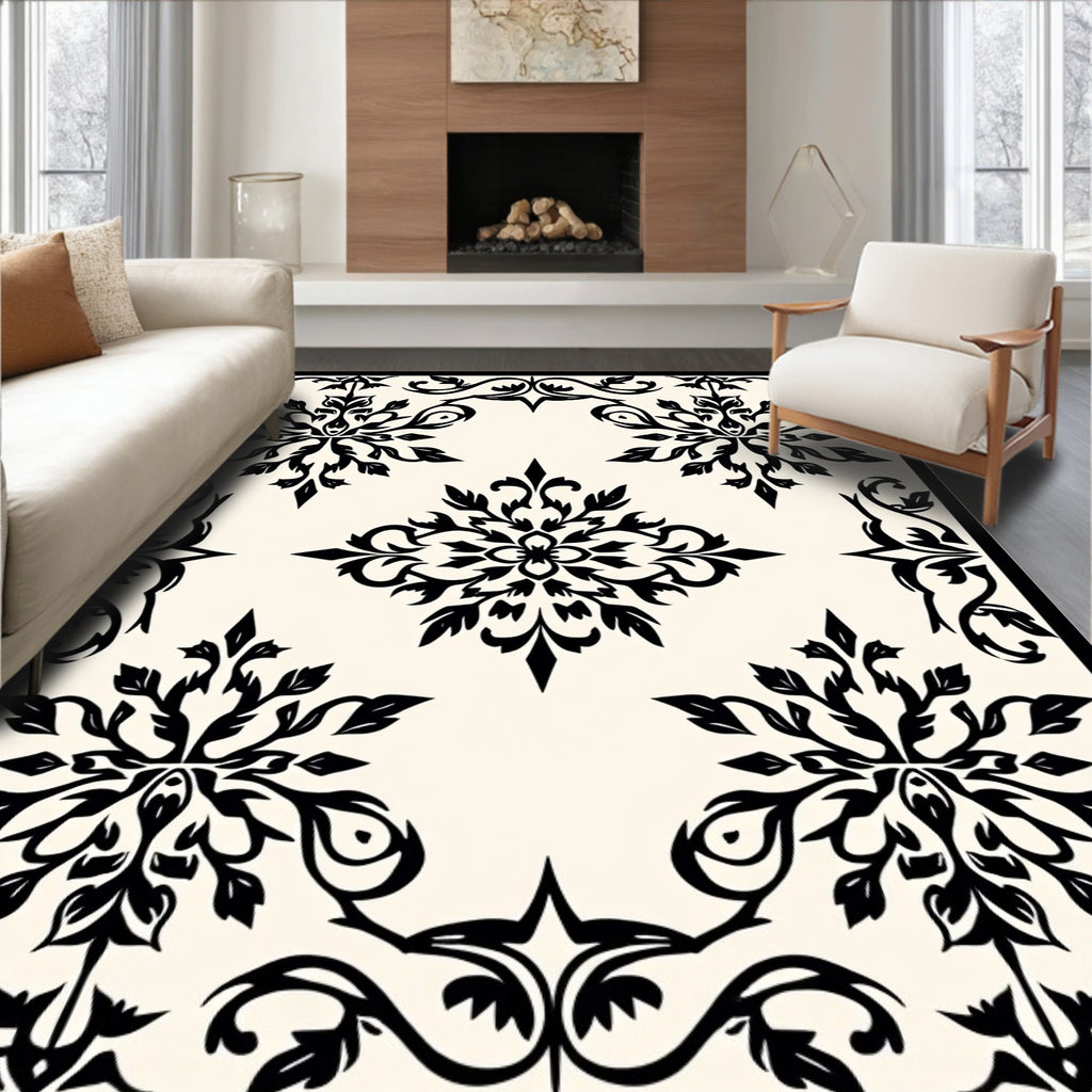 Classic Black Floral Damask Pattern Rug