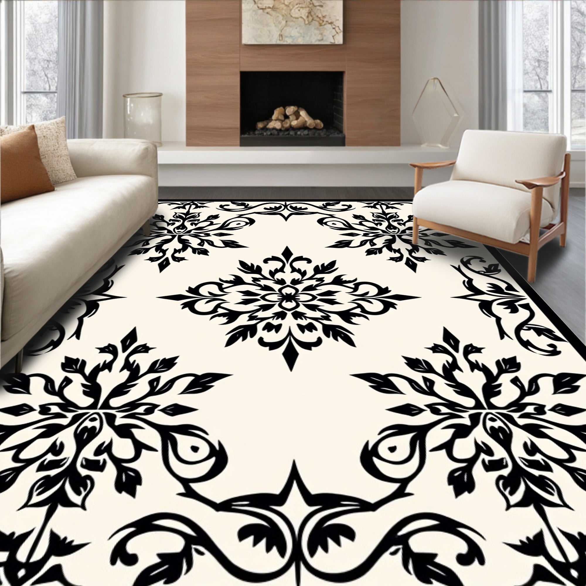 Classic Black Floral Damask Pattern Rug